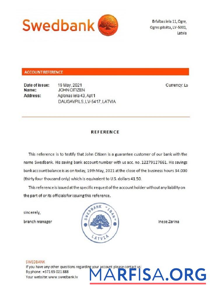 Realistic Latvia Swedbank reference sample